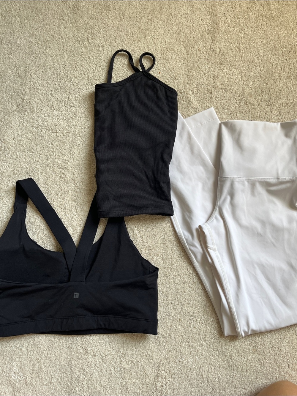 Black Women's Ribbed Tank & Sports Bra Set with White Leggings